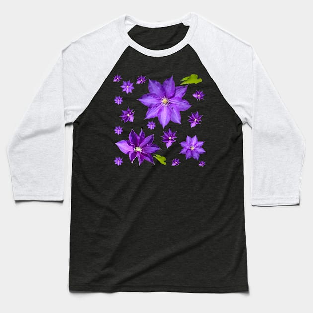 Purple Clematis Pattern Baseball T-Shirt by Moonlit Midnight Arts